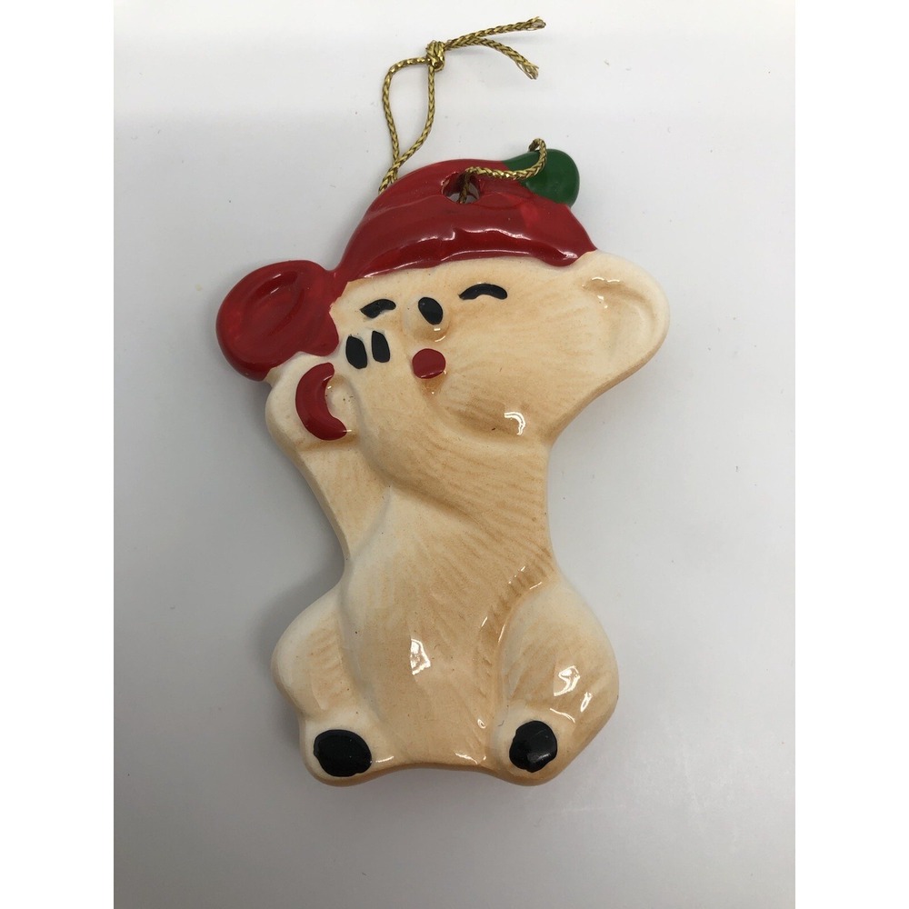 Vintage Christmas Bear Playing Musical Instrument‎ Ceramic Glazed Ornament 3.5"